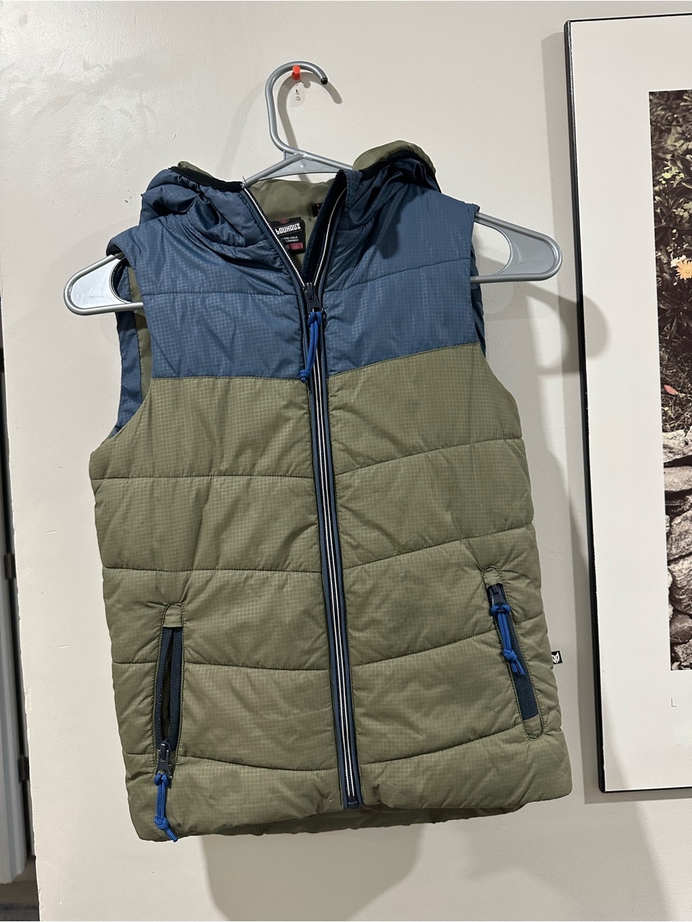 Kids Two-Tone Hooded Puffer Vest - Olive Green & Navy